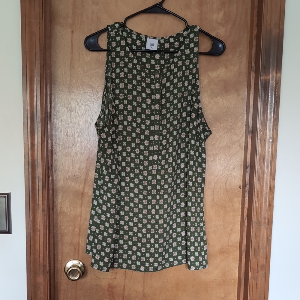 CAbi Green and White Patterned Tank Top
